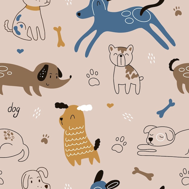 Childish seamless pattern with hand drawn dogs Perfect for kids apparelfabric textile nursery decoration wrapping paper