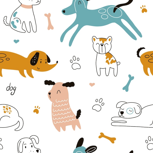 Childish seamless pattern with hand drawn dogs Trendy scandinavian vector background Perfect for kids apparelfabric textile nursery decorationwrapping paper