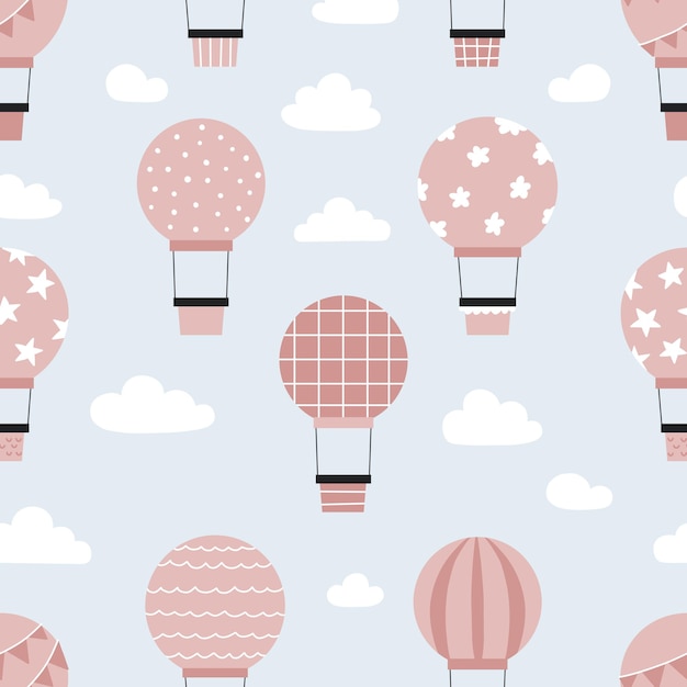 Childish seamless pattern with hot air balloons in sky