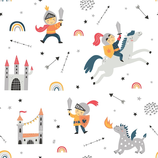 Childish seamless pattern with knight dragon and castle Perfect for kids design fabric wrapping