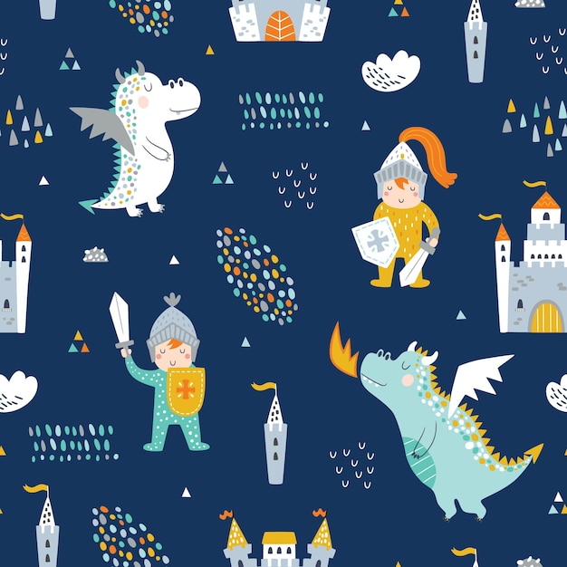 Childish seamless pattern with knight, dragon and castle