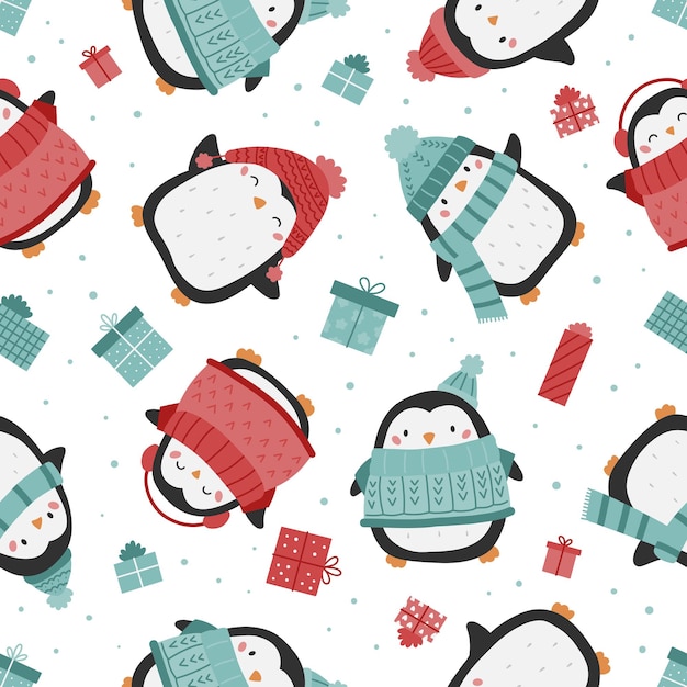 Childish seamless pattern with penguins in warm clothes