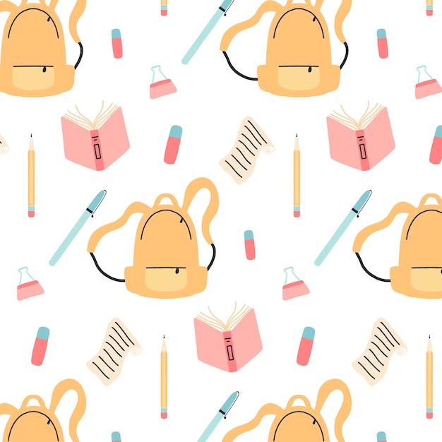 Childish seamless pattern with school items Drawn pattern with school bag pen pencil eraser Vector illustration