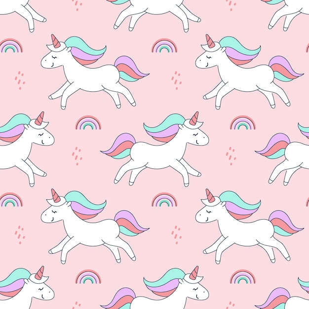 Childish seamless pattern with unicorns and rainbows