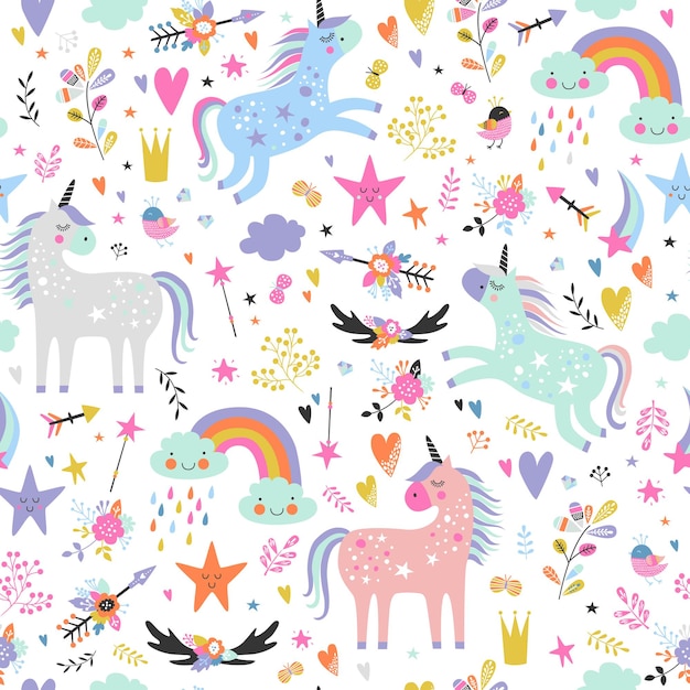 Childish seamless pattern with unicorns.