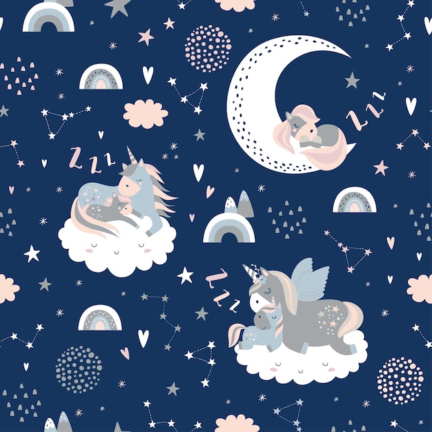 Childish seamless pattern with unicorns