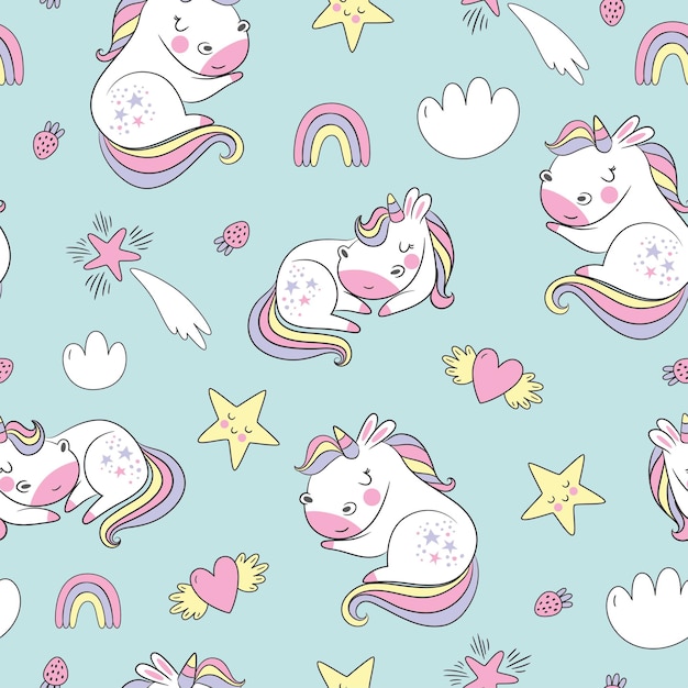 Childish seamless pattern with unicorns