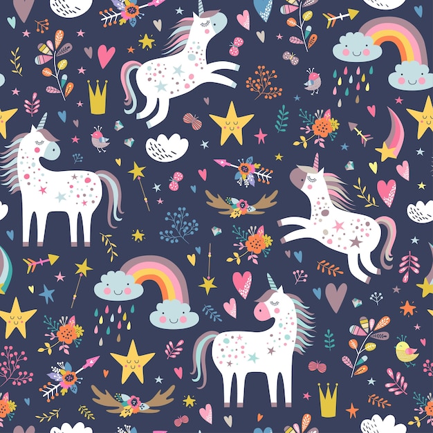 Childish seamless pattern with unicorns