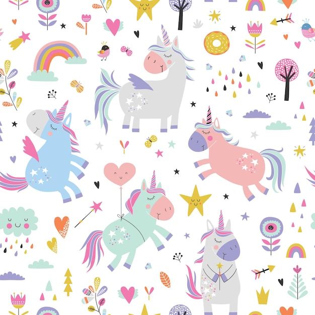 Childish seamless pattern with unicorns