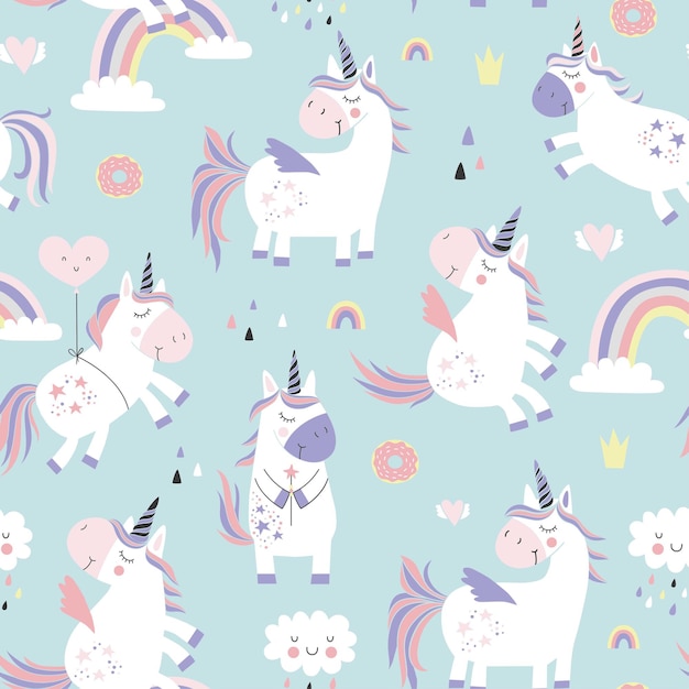 Childish seamless pattern with unicorns.