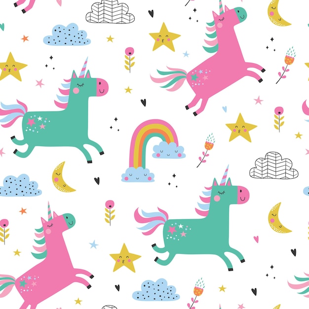 Childish seamless pattern with unicorns.