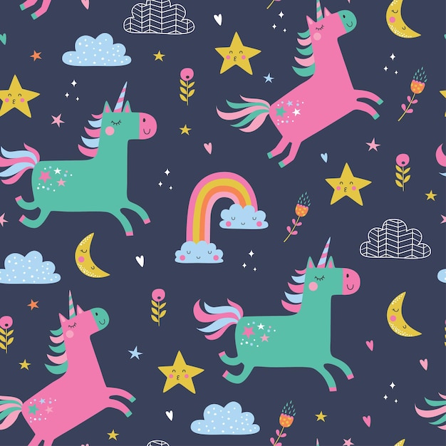 Childish seamless pattern with unicorns.