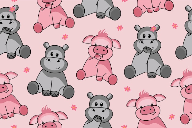 Childish Seamless Print with Hippo and Piglet Funny childrens Pattern with Animals