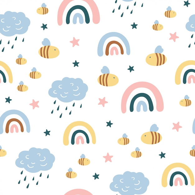 Childish seamless seamless pattern with cute clouds, rainbows, insects, bee in Scandinavian style