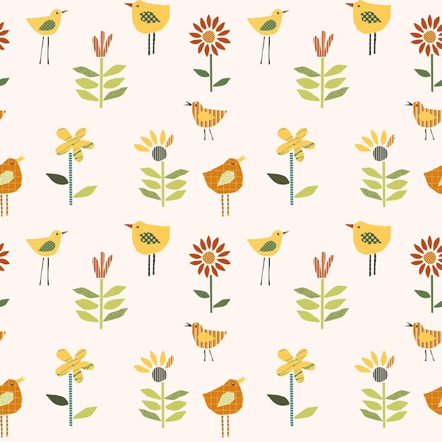 Childish vector seamless pattern with cartoon abstract birds and flowers Cut out paper forms