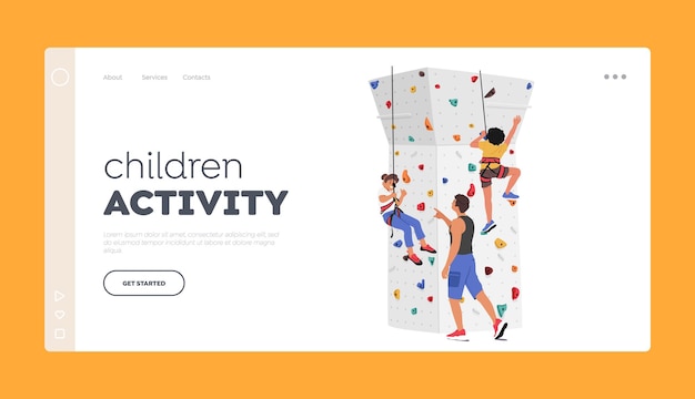 Children Activities Landing Page Template Kids Characters Scale A Climbing Wall With Guidance Of Trainer