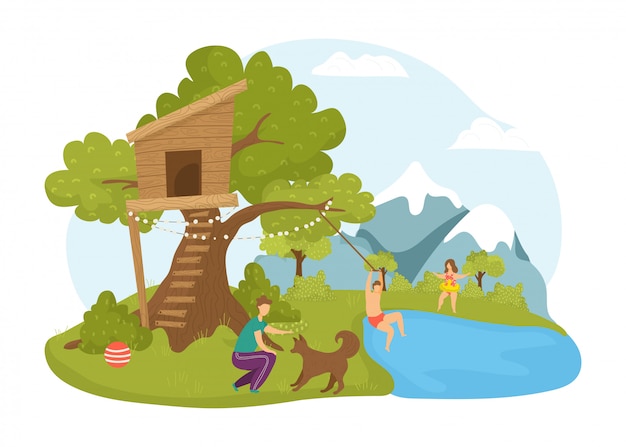 Children activity at tree house, summer nature  illustration. Boy girl character in cartoon happy childhood at park landscape. People in wood treehouse, play near cute building.