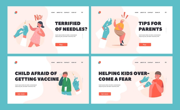 Children Afraid of Vaccination Landing Page Template Set Kids Boys and Girls Characters Crying Protecting from Doctor Holding Syringe with Needle and Drug Say No Cartoon People Vector Illustration