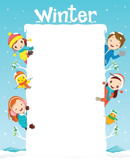 Children And Animal On Frame, Snow Falling, Winter Season