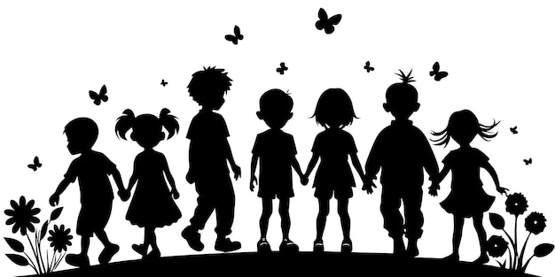 Vector children are playing with butterflies and a white background