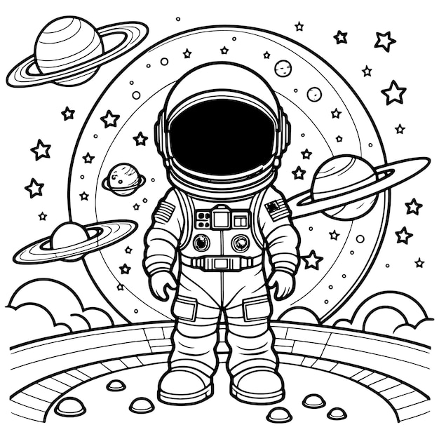 Children astronaut outline coloring page illustration for children and adult