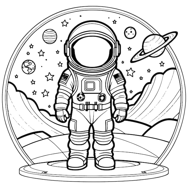 Children astronaut outline coloring page illustration for children and adult