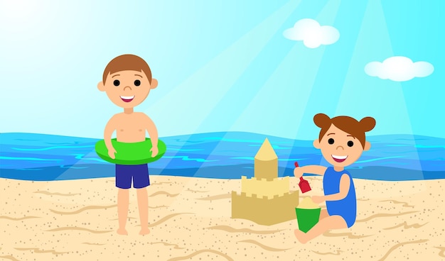 Children on the beach. A girl builds a sand castle. Boy with inflatable circle