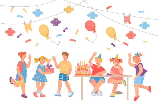 Children Birthday party celebration banner with group of happy cartoon kids