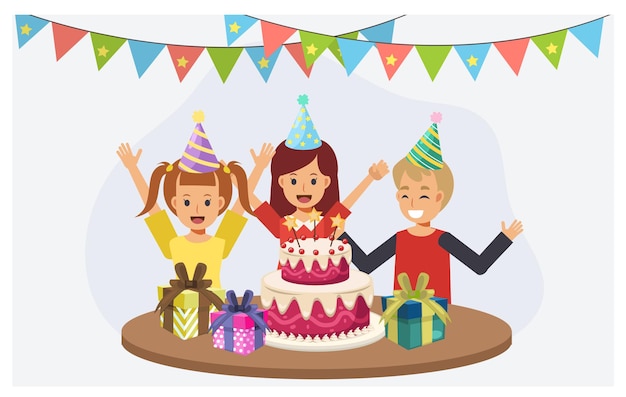 Children at the birthday party. kids with birthday cake. Happy birthday party concept.flat cartoon character vector illustration.