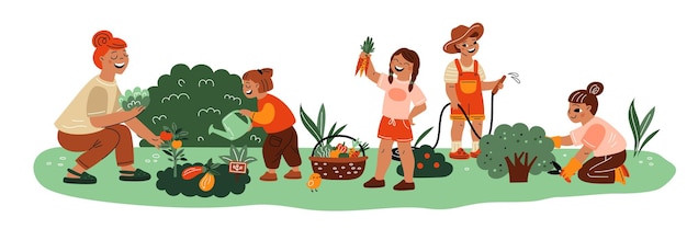 Children botany lesson Happy kids with teacher Garden care training People harvesting and pruning bushes Teens watering plants Agriculture work and gardening Garish vector concept