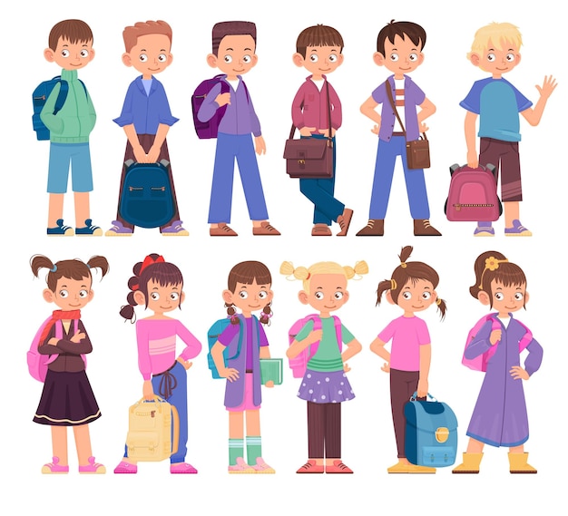 Children boys and girls with different bags and backpacks cartoon style