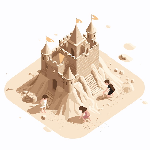 Children building intricate sandcastles in the sandbox Vector illustration