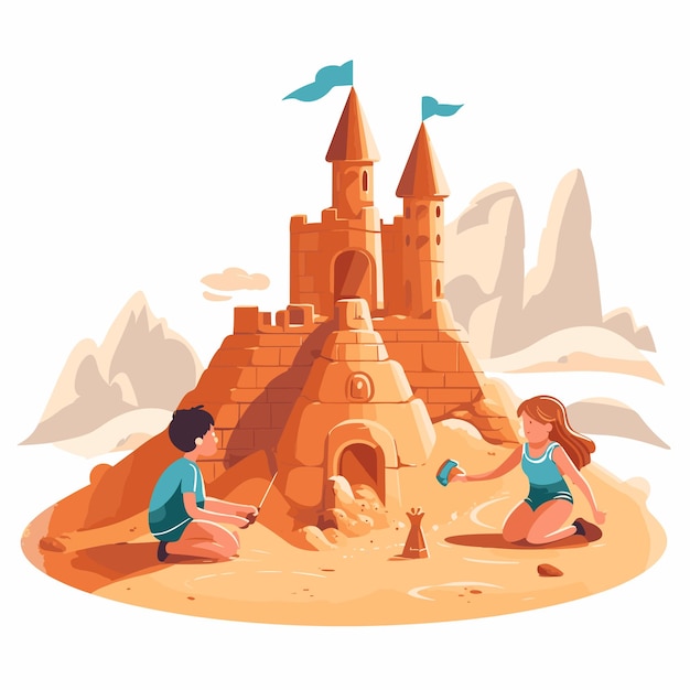 Children building intricate sandcastles in the sandbox Vector illustration