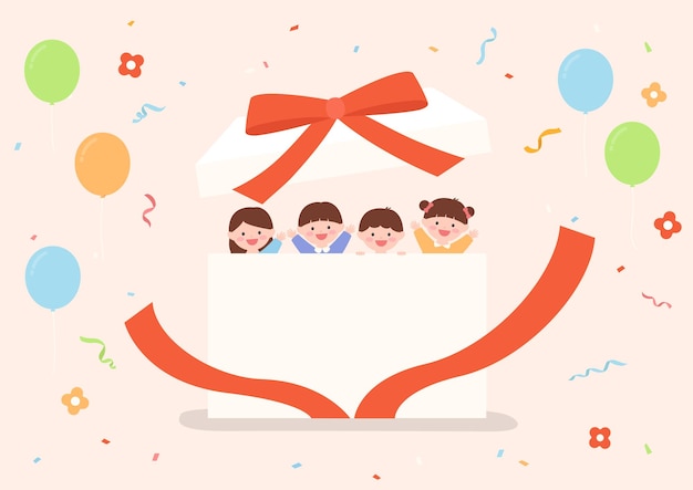 Children celebrate birthdays in a gift box