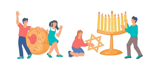 Children celebrating Hanukkah Jewish holiday vector illustration isolated