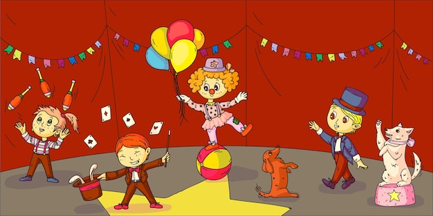 Vector children character performing on circus arena kid clown with balloon balancing on ball magician hiding hare in hat dog trainer juggler showing trick