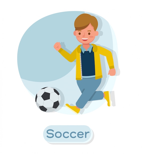 Children character. Presentation in various action with emotions and soccer.