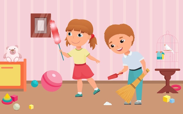 Children clean playroom housework boy child holding broom and scoop girl cleaning