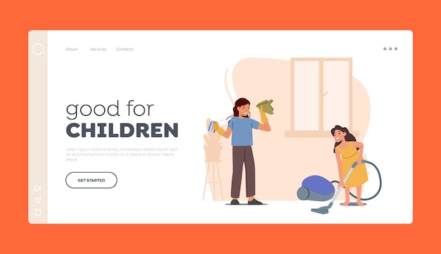 Children Cleaning Home Landing Page Template Little Helpers Vacuuming Carpet Washing and Wiping Dust Girls Sibling Characters Domestic Housework Activities Daily Chores Cartoon Vector Illustration