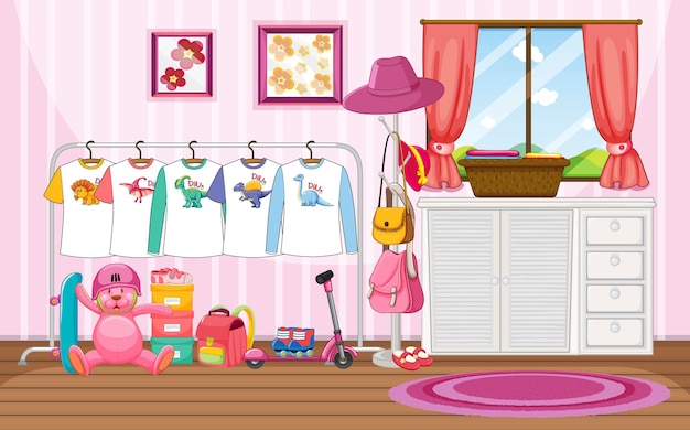 Children clothes on a clothesline with many toys in the room scene