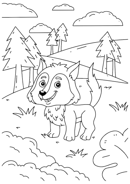 Children coloring book page 1 wolf savana ilustration