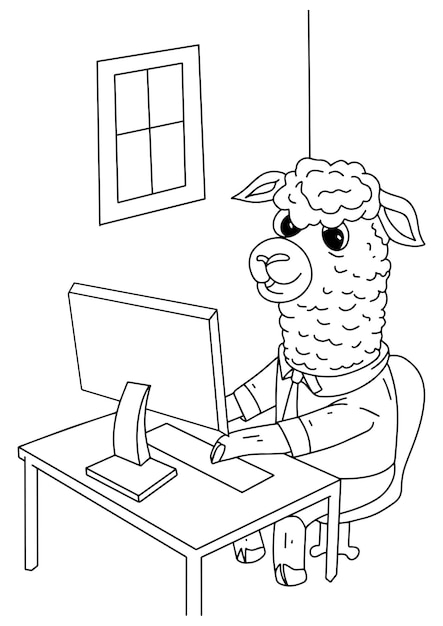 Children coloring book page 4 ilama and computer ilustration