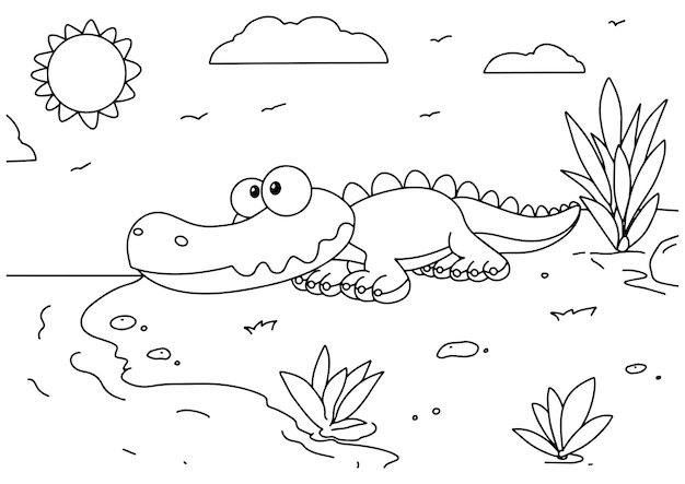 Children coloring book page 5 crocodile river ilustration