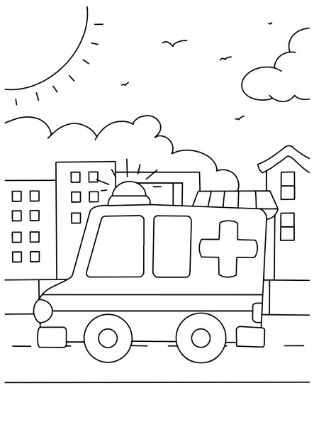 Vector children coloring book page ambulance in the city illustration