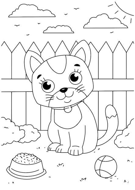 Children coloring book page cute cat in the nature illustration