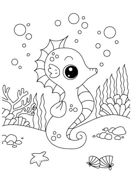 Children coloring book seahorses page