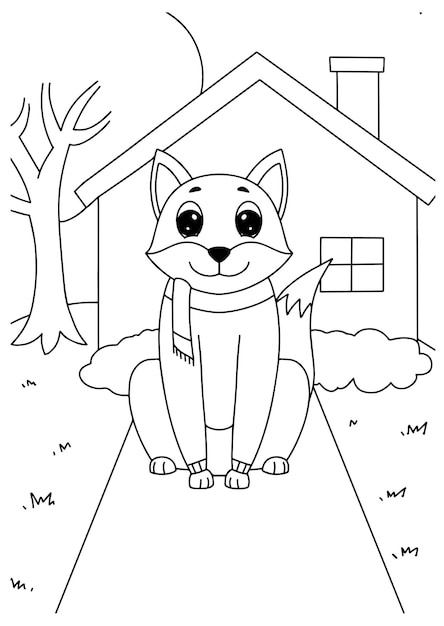 Children coloring book wolf sit in front of home illustration