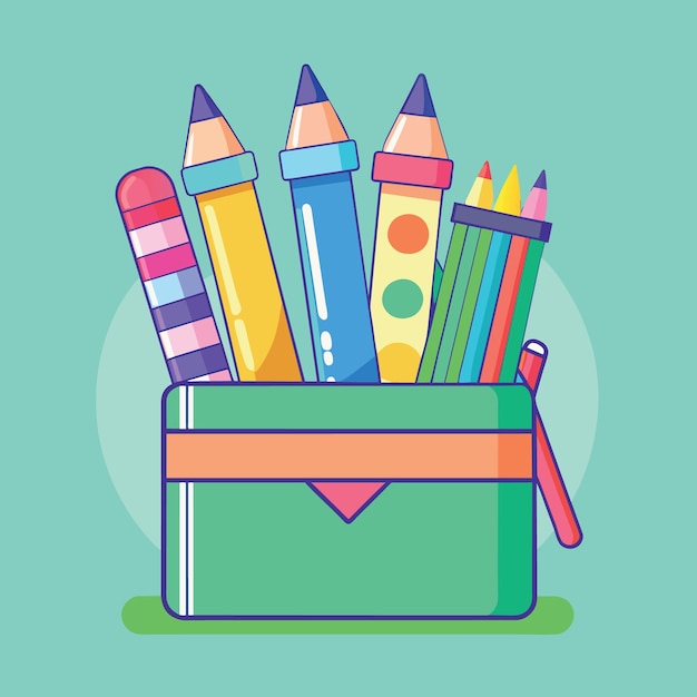 Children coloring equipment pastel pencils color arrange on pale green paper background using as e