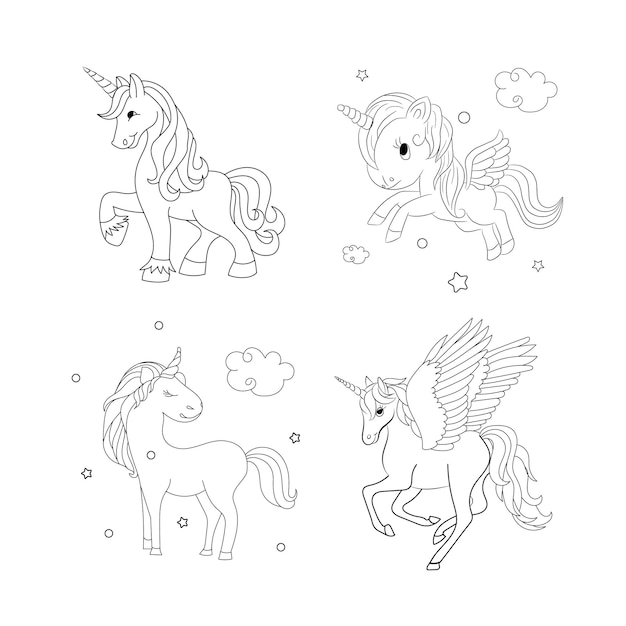 Children Coloring page design with cute unicorn set