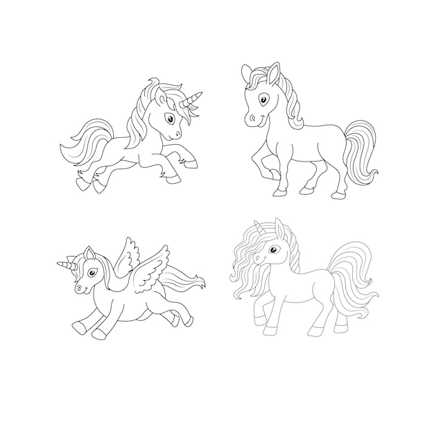 Children Coloring page design with cute unicorn set